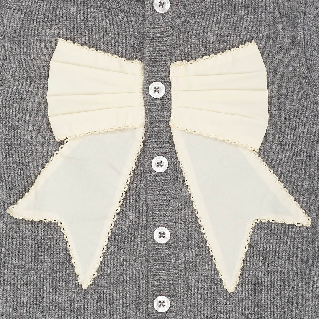 CASHMERE CARDIGAN W. POPLIN BOW - DK GREY MEL./CREAM COMB.