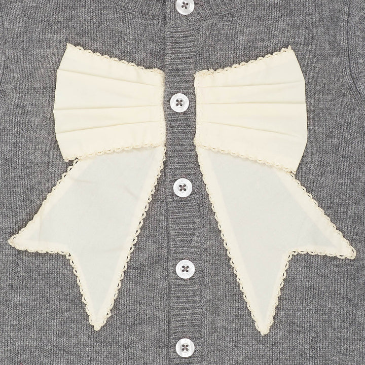 CASHMERE CARDIGAN W. POPLIN BOW - DK GREY MEL./CREAM COMB.