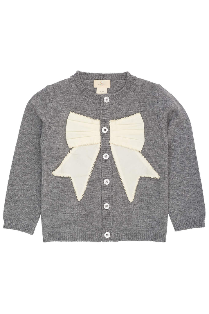 CASHMERE CARDIGAN W. POPLIN BOW - DK GREY MEL./CREAM COMB.