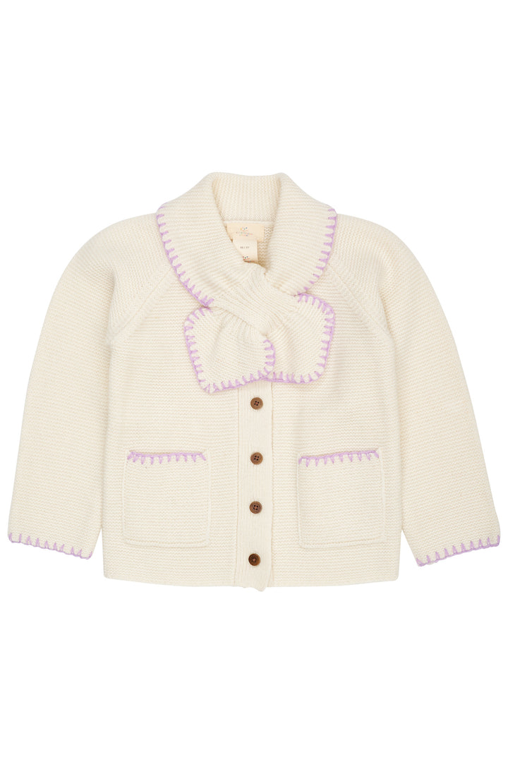 LAMBSWOOL CARDIGAN W. COLLAR - CREAM/LAVENDER COMB