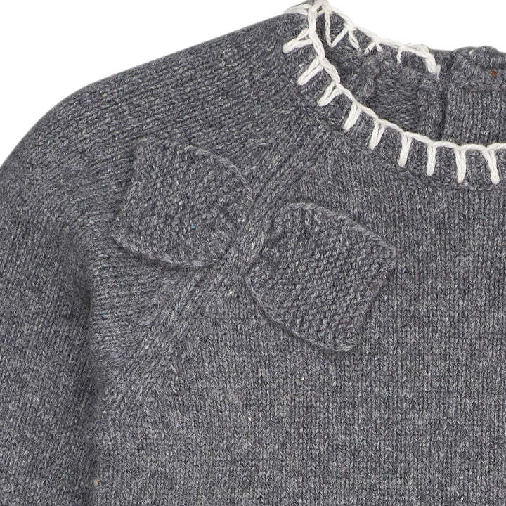 LAMBSWOOL DRESS W. BOW - DK GREY/CREAM COMB.