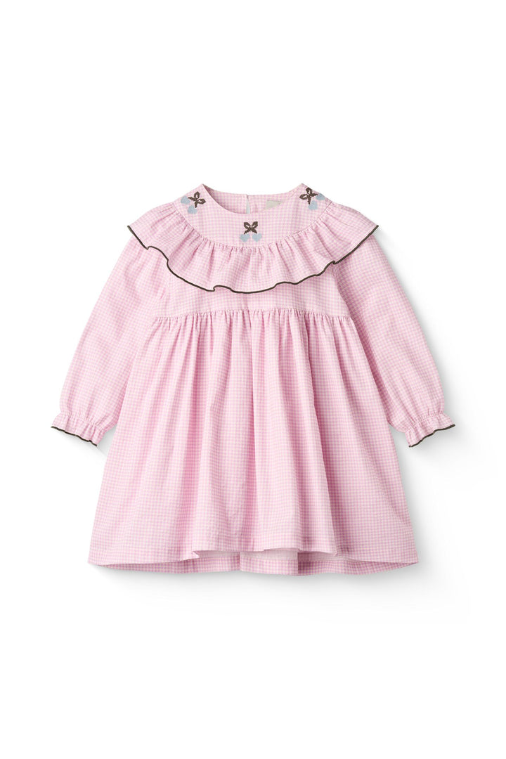 HOUNDSTOOTH FRILL DRESS W. EMBROIDERY - SYRINGA COMB