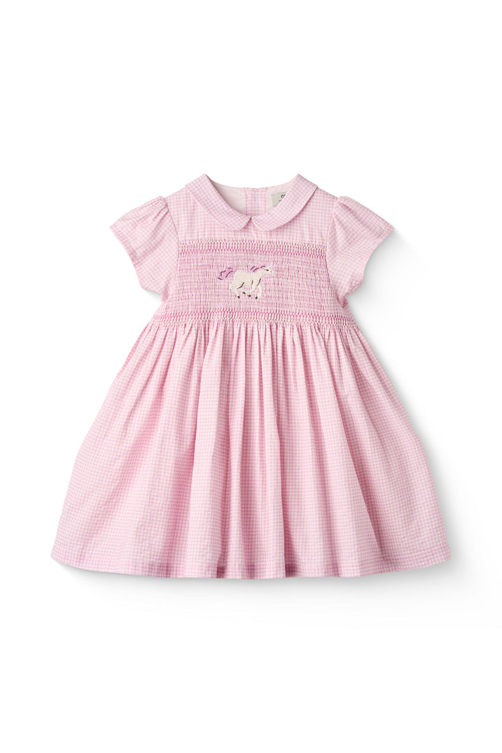 HOUNDSTOOTH DRESS W. HANDMADE UNICORN EMB. AND SMOCK - SYRINGA COMB.