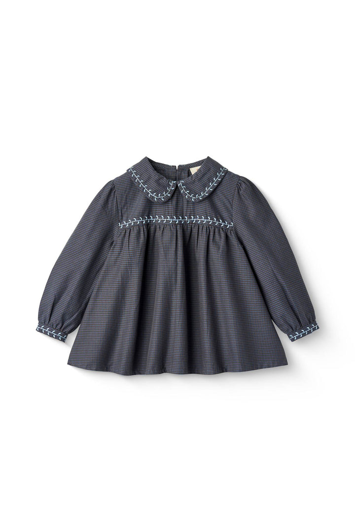 CHECKERED BLOUSE W. COLLAR AND EMB. - BROWN BLUE CHECK COMB