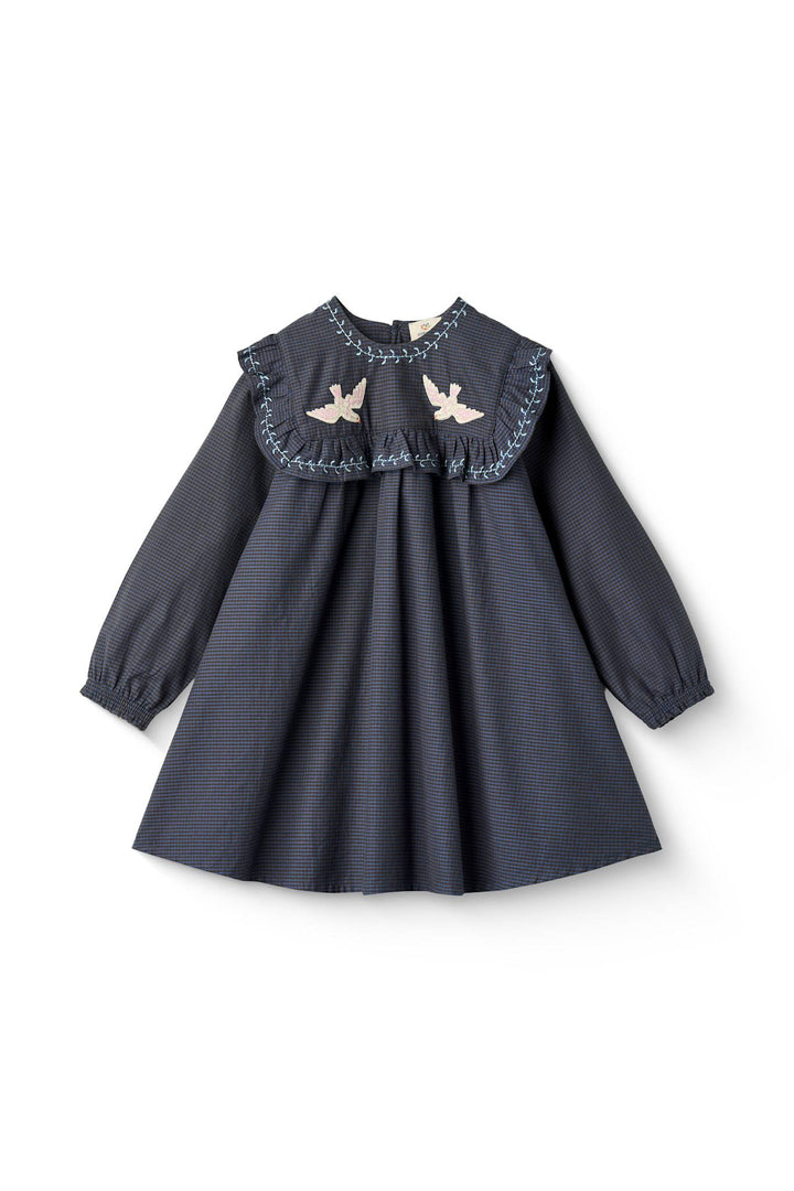 CHECKERED DRESS W. EMB. AND RUFFLE - BROWN BLUE CHECK COMB