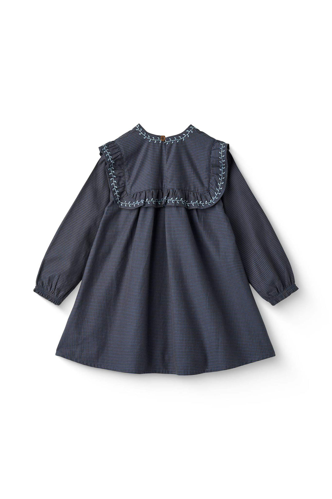 CHECKERED DRESS W. EMB. AND RUFFLE - BROWN BLUE CHECK COMB