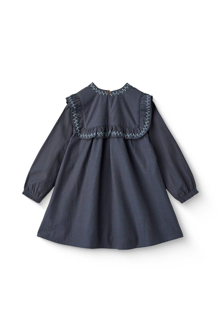 CHECKERED DRESS W. EMB. AND RUFFLE - BROWN BLUE CHECK COMB