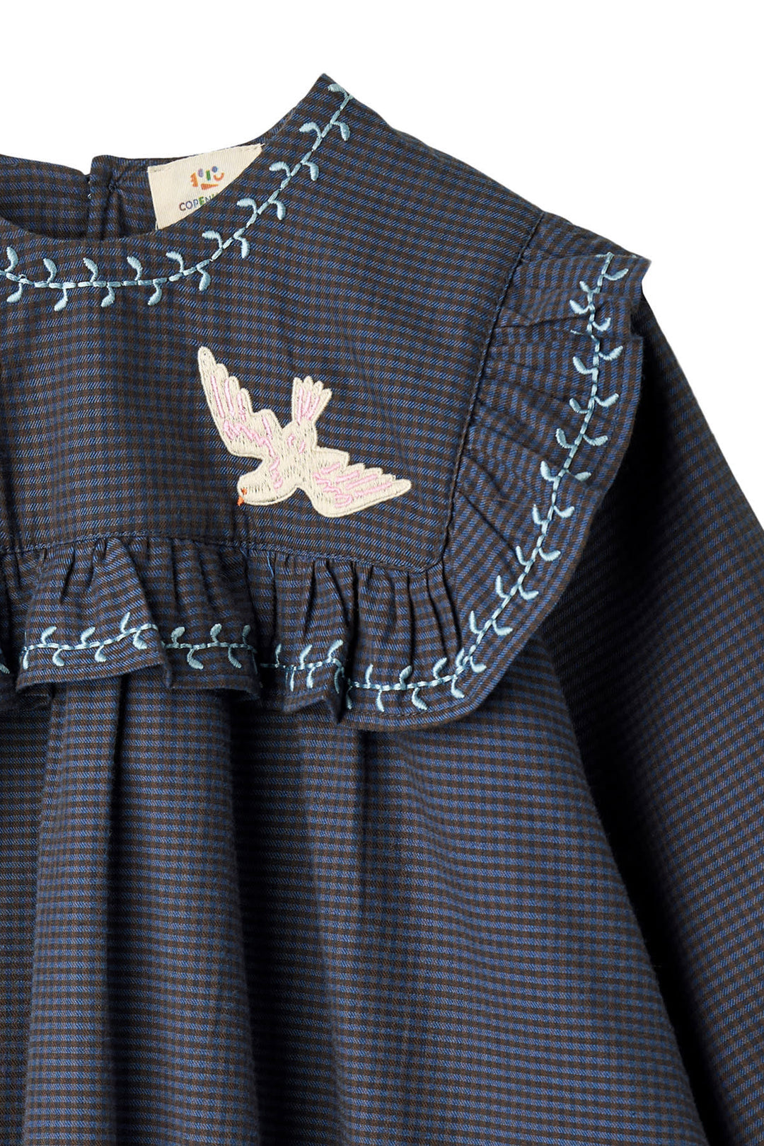 CHECKERED DRESS W. EMB. AND RUFFLE - BROWN BLUE CHECK COMB