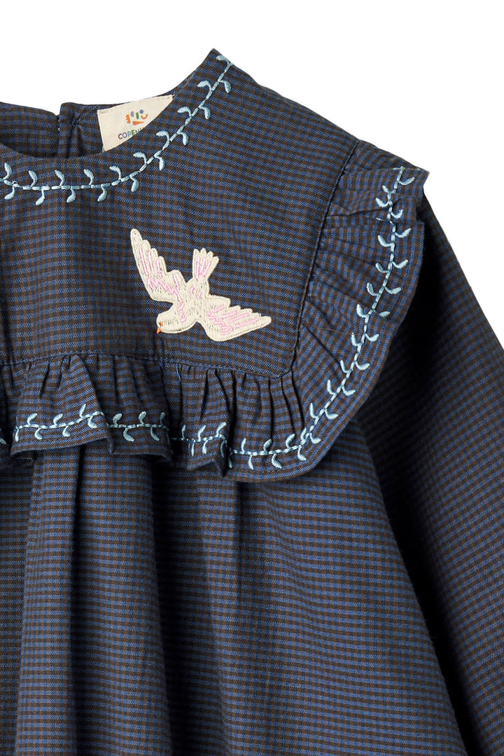 CHECKERED DRESS W. EMB. AND RUFFLE - BROWN BLUE CHECK COMB