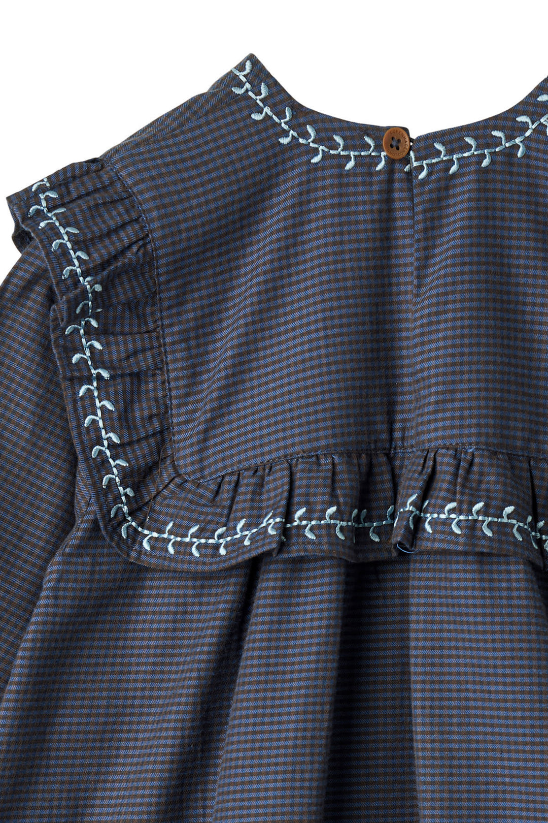 CHECKERED DRESS W. EMB. AND RUFFLE - BROWN BLUE CHECK COMB