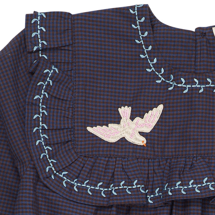 CHECKERED DRESS W. EMB. AND RUFFLE - BROWN BLUE CHECK COMB