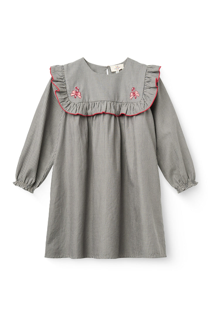 Long-sleeved Dress with frill and emb. - GREY CHECK COMB