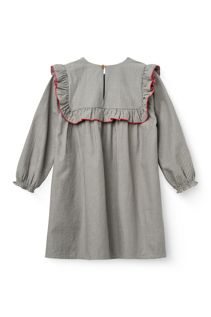 Long-sleeved Dress with frill and emb. - GREY CHECK COMB