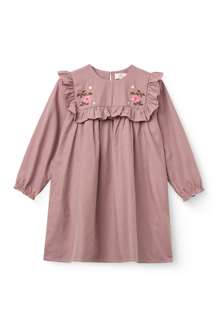 Long-sleeved Dress with frill and emb. - WINTER ROSE CHECK COMB