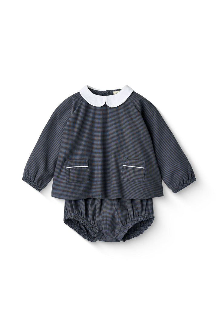 CHECKERED BABY-SET W. BLOUSE AND BLOOMER - BROWN BLUE CHECK COMB