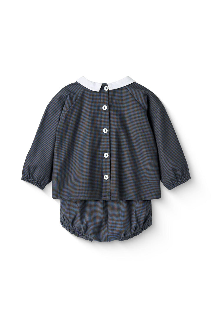 CHECKERED BABY-SET W. BLOUSE AND BLOOMER - BROWN BLUE CHECK COMB