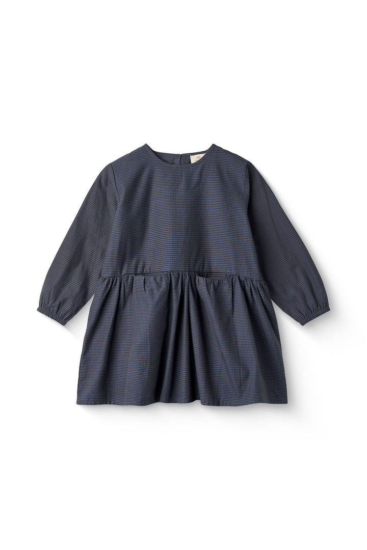 CHECKERED DRESS W. BACKSIDE BOW - BROWN BLUE CHECK COMB