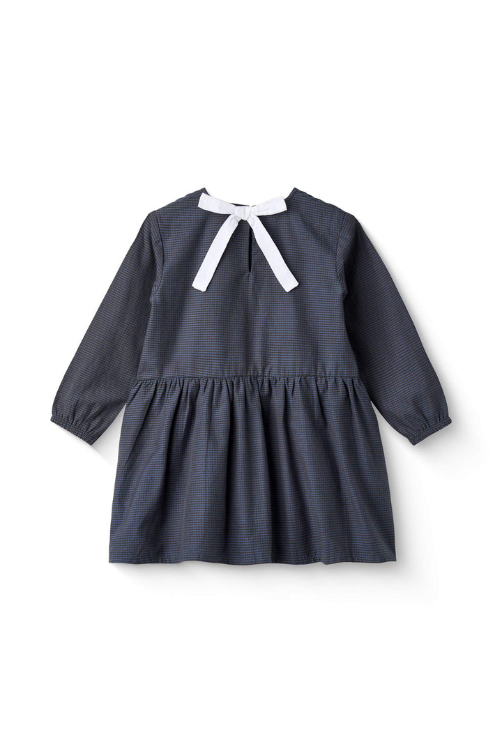 CHECKERED DRESS W. BACKSIDE BOW - BROWN BLUE CHECK COMB