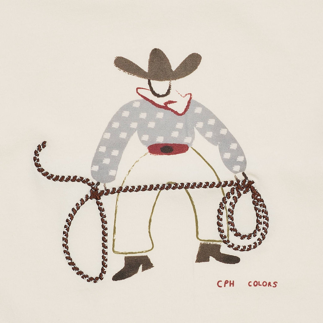LS T-SHIRT W. COWBOY PRINT+EMB. - CREAM