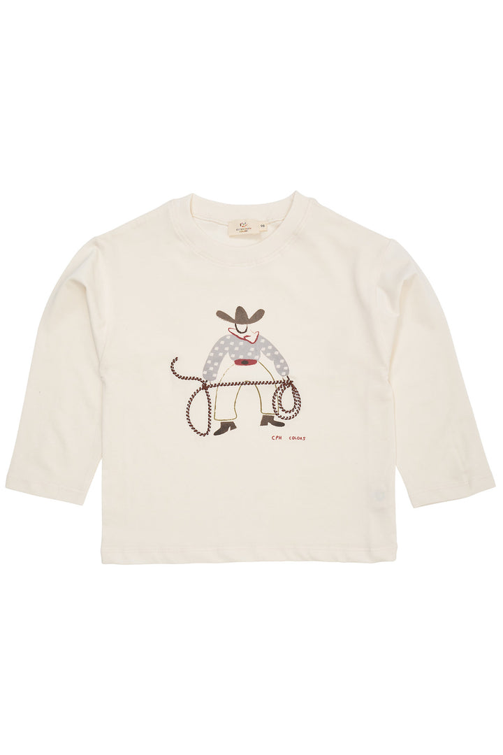 LS T-SHIRT W. COWBOY PRINT+EMB. - CREAM