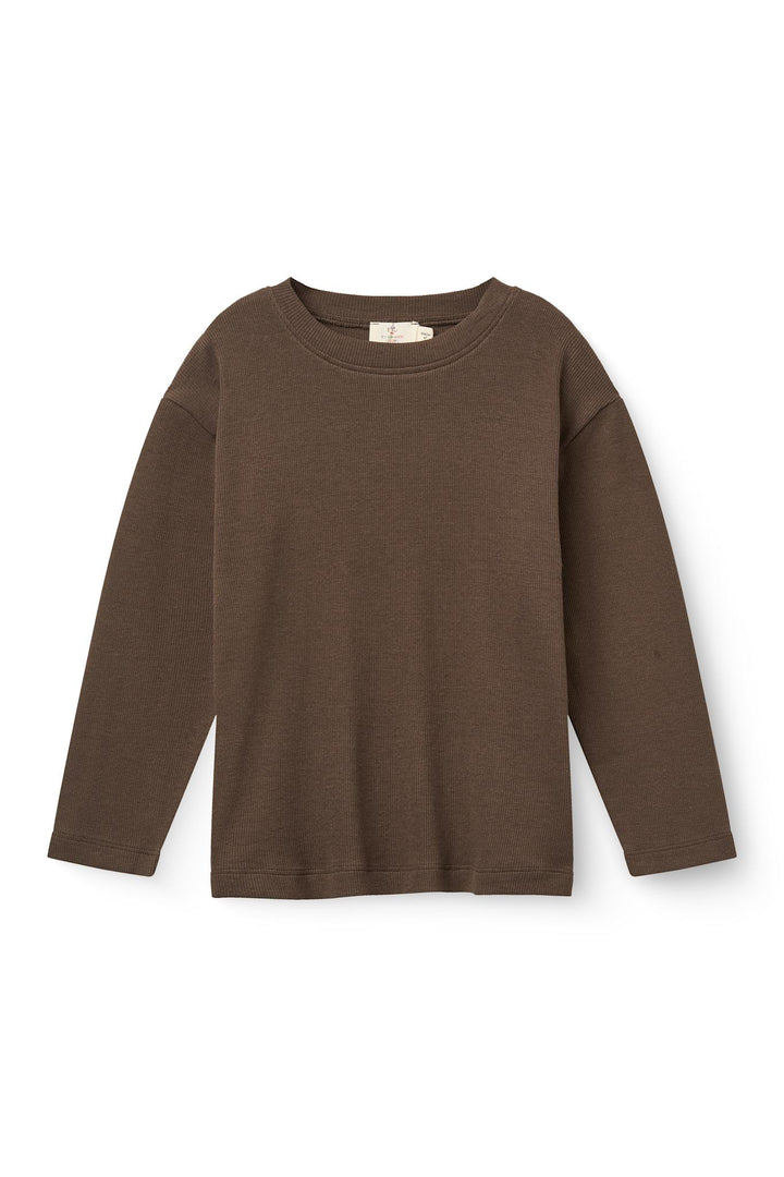 MODAL RIB LS BLOUSE W. DROP SHOULDER - DK BROWN