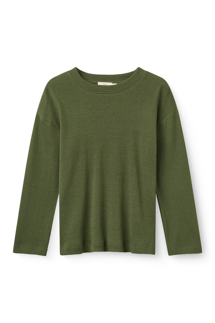 MODAL RIB LS BLOUSE W. DROP SHOULDER - DK GREEN