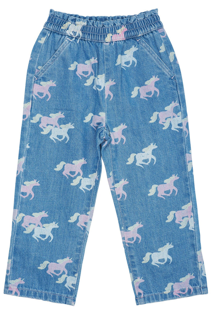 ORGANIC PANTS W. FRILL WAIST & UNICORN PRINT - INDIGO BLUE WASHED W UNICORN