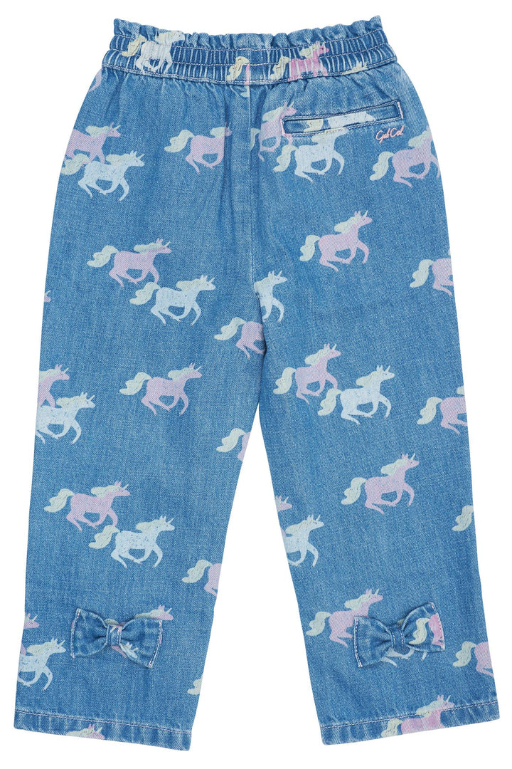 ORGANIC PANTS W. FRILL WAIST & UNICORN PRINT - INDIGO BLUE WASHED W UNICORN