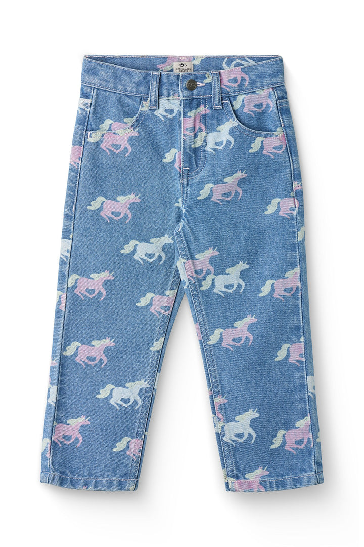 ORGANIC JEANS W. REGULAR FIT & UNICORN PRINT - INDIGO BLUE WASHED W UNICORN
