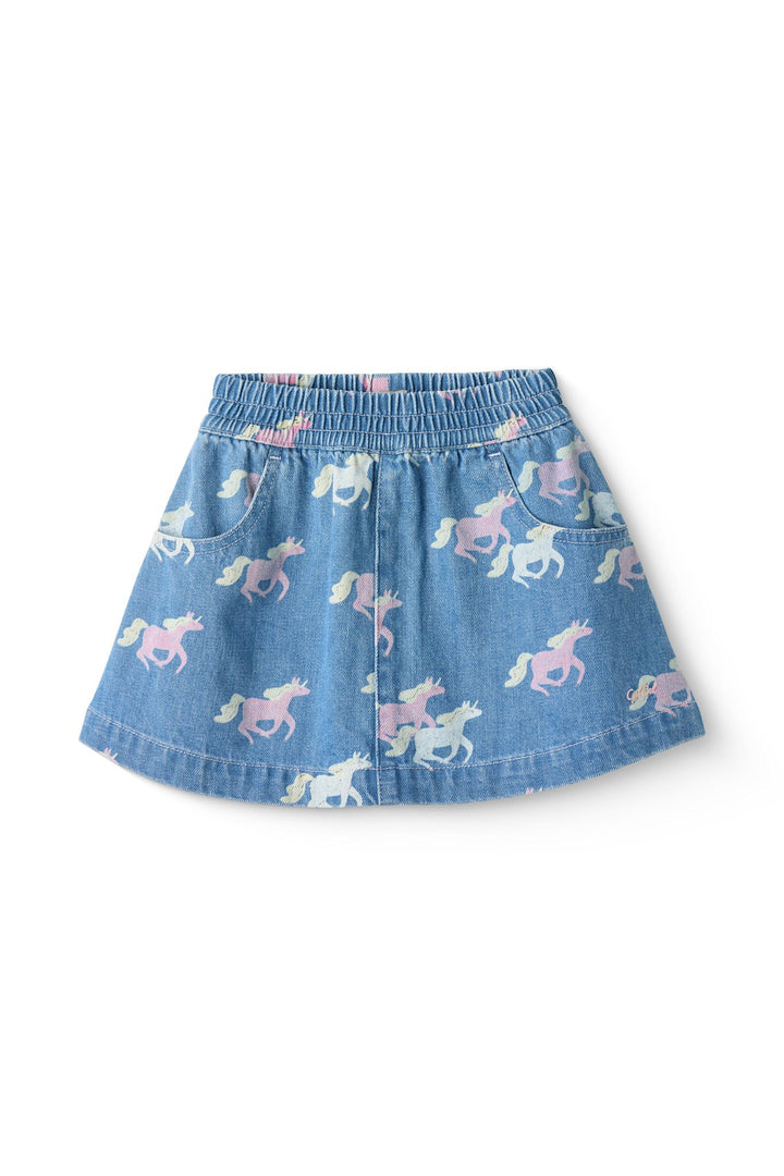 ORGANIC DENIM SKIRT W. UNICORN PRINT - INDIGO BLUE WASHED W UNICORN