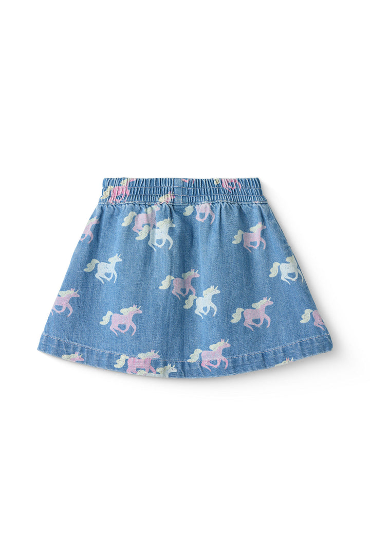 ORGANIC DENIM SKIRT W. UNICORN PRINT - INDIGO BLUE WASHED W UNICORN