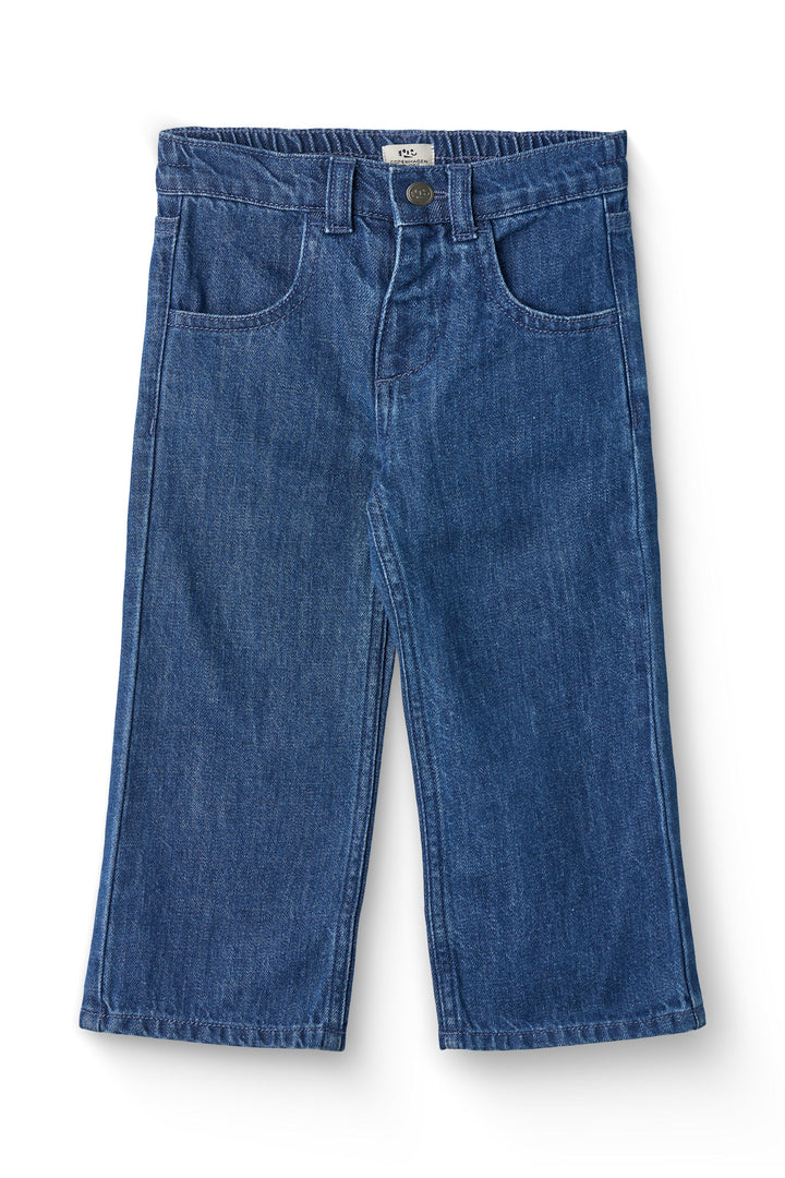 ORGANIC DENIM PANTS W. POCKET EMBROIDERY & WIDE LEG - DARK INDIGO BLUE WASHED