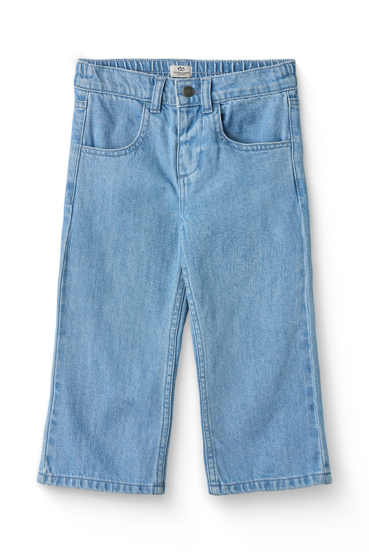 ORGANIC DENIM PANTS W. POCKET EMBROIDERY & WIDE LEG - LT BLUE INDIGO WASHED