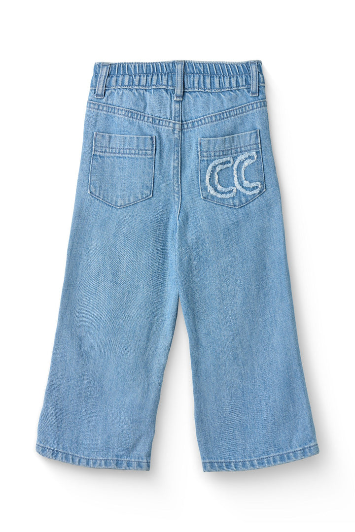 ORGANIC DENIM PANTS W. POCKET EMBROIDERY & WIDE LEG - LT BLUE INDIGO WASHED