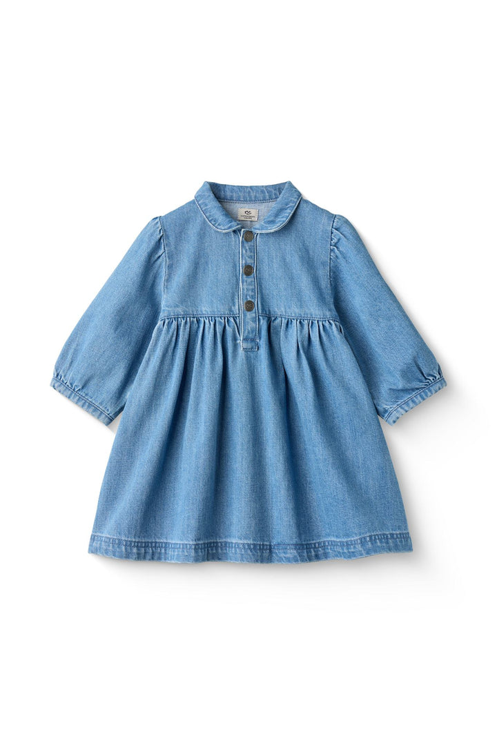 ORGANIC DENIM DRESS W. PUFF SLEEVES - INDIGO BLUE WASHED