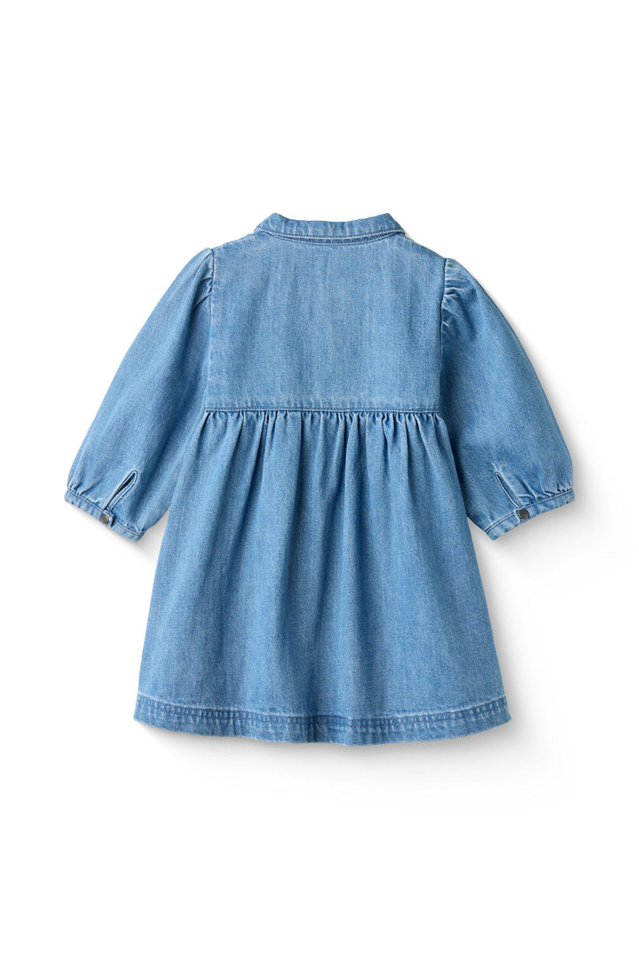ORGANIC DENIM DRESS W. PUFF SLEEVES - INDIGO BLUE WASHED