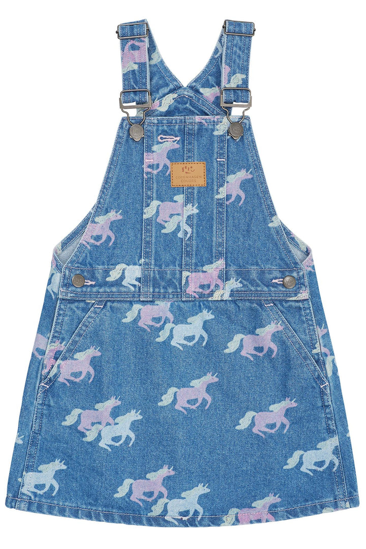ORGANIC DENIM SPENCER DRESS W. UNICORN PRINT - INDIGO BLUE WASHED W UNICORN