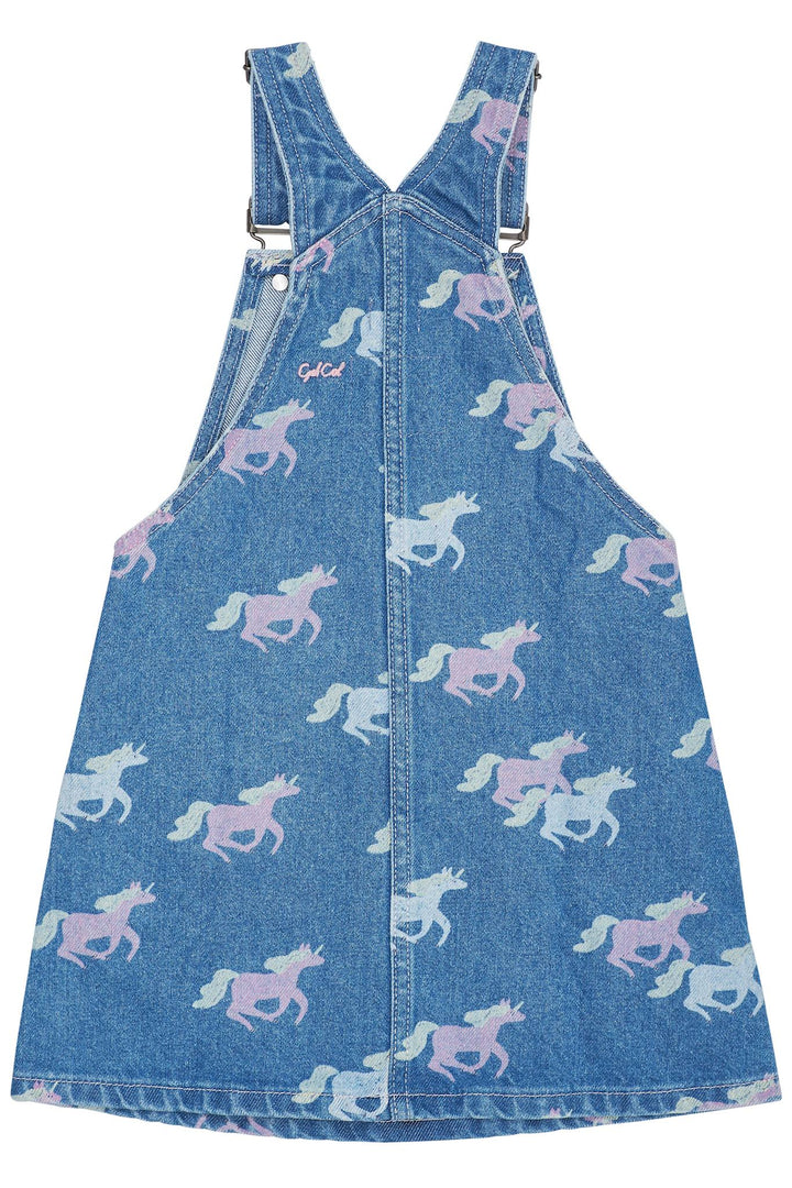 ORGANIC DENIM SPENCER DRESS W. UNICORN PRINT - INDIGO BLUE WASHED W UNICORN