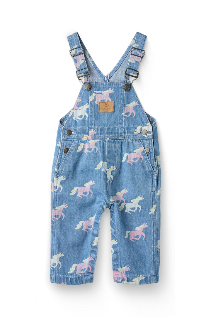 ORGANIC DENIM BABY OVERALLS W. UNICORN PRINT - INDIGO BLUE WASHED W UNICORN