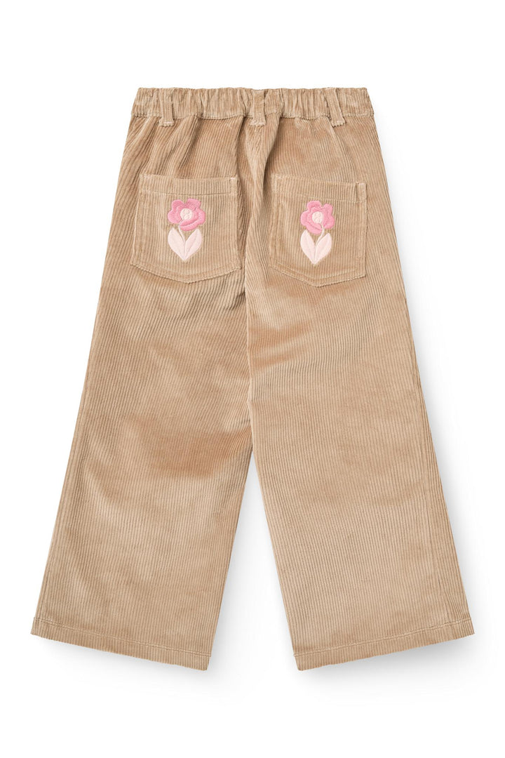 Corduroy Pant w. Wide Leg & Emb. on Backside Pocket - Beige