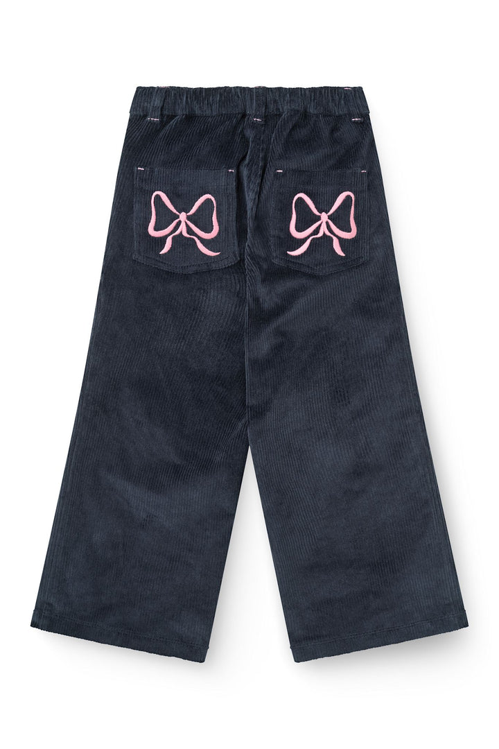Corduroy Pant w. Wide Leg & Emb. on Backside Pocket - Navy
