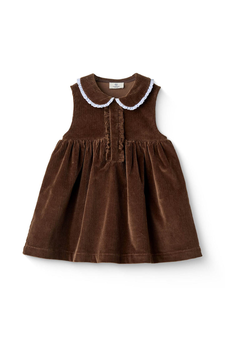 CORDUROY DRESS W. RUFFLE AND COLLAR DETAIL - DK BROWN COMB