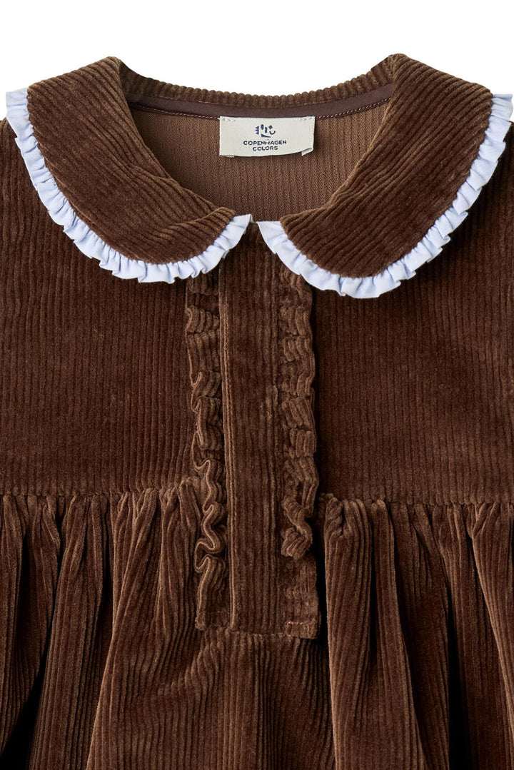 CORDUROY DRESS W. RUFFLE AND COLLAR DETAIL - DK BROWN COMB