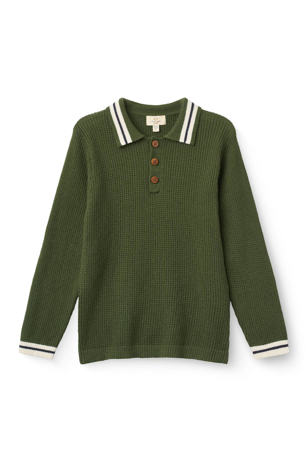 Long-Sleeved Knitted Waffle Polo - Dk. Green Comb.
