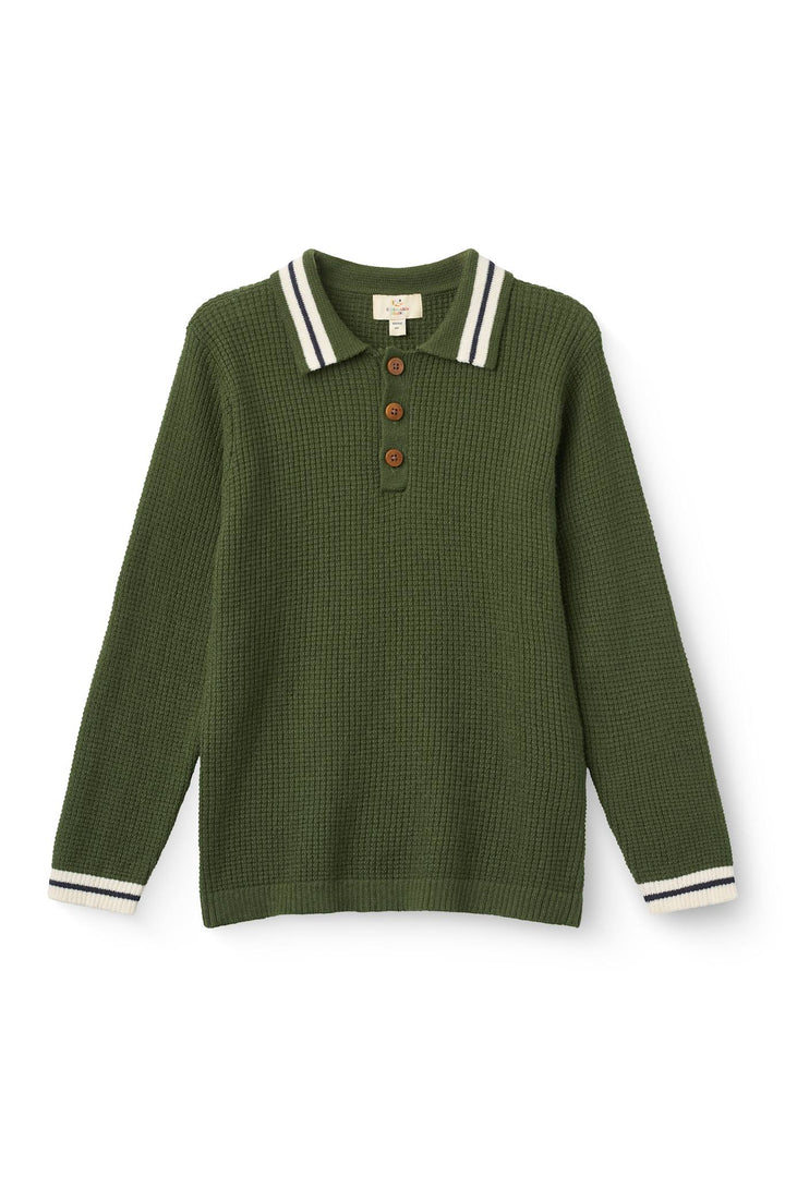 Long-Sleeved Knitted Waffle Polo - Dk. Green Comb.