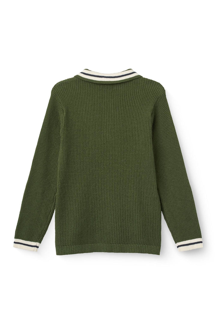 Long-Sleeved Knitted Waffle Polo - Dk. Green Comb.