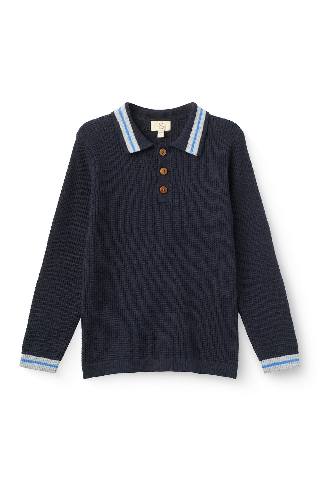 Long-Sleeved Knitted Waffle Polo - Navy Comb.