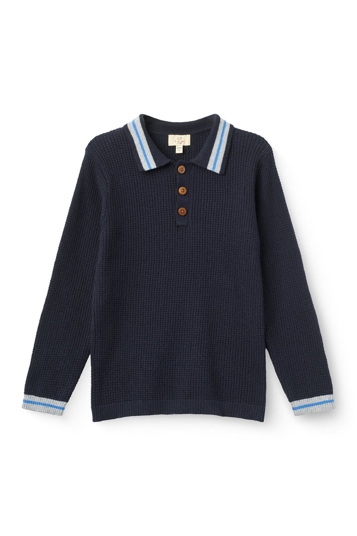 Long-Sleeved Knitted Waffle Polo - Navy Comb.