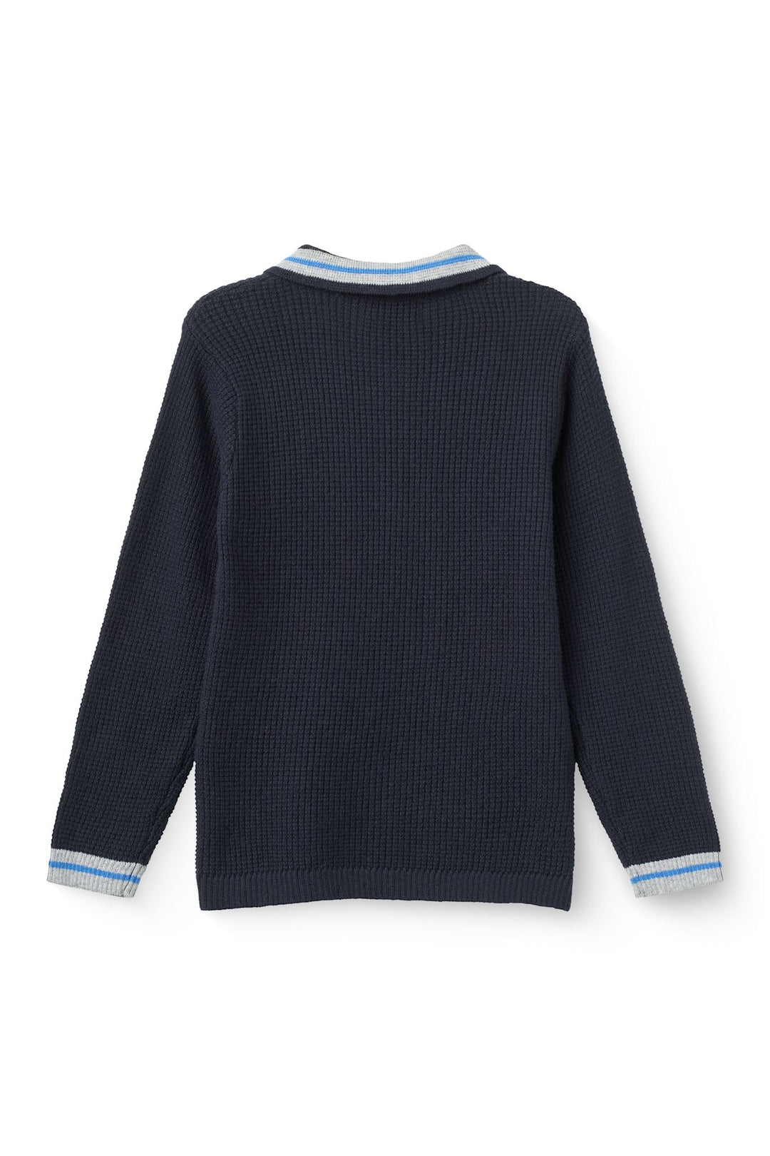 Long-Sleeved Knitted Waffle Polo - Navy Comb.