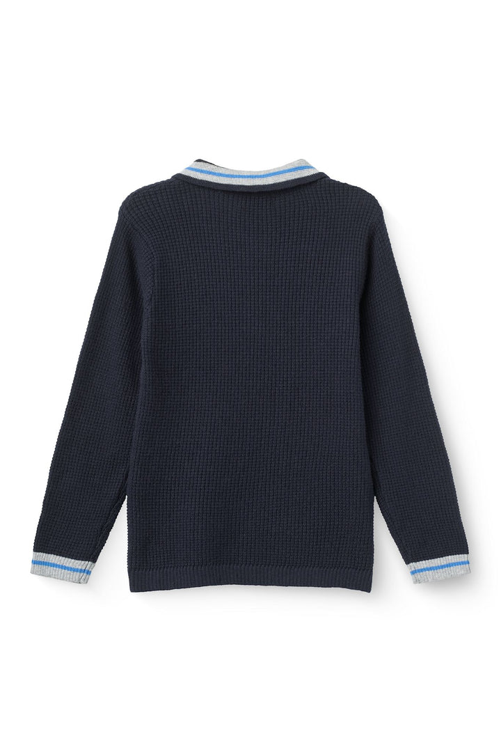 Long-Sleeved Knitted Waffle Polo - Navy Comb.